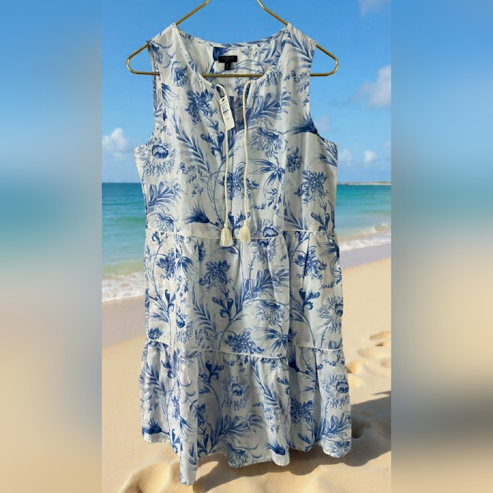 Talbots Blue and White Ocean Floral Midi Flowy Linen Blend Dress Coastal Cottage